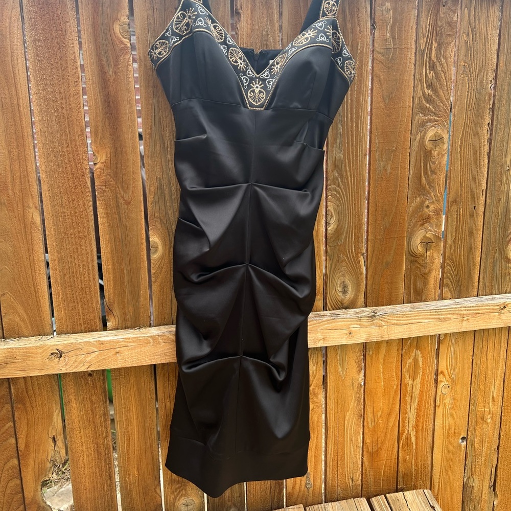 RARE Cache stretch satin cocktail dress.